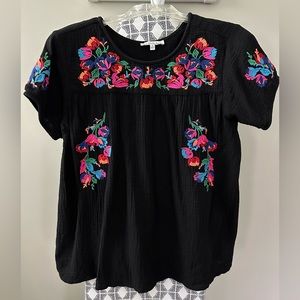 Women’s See And Been Seen Short-Sleeved Boho Floral Blouse — Black, Size S
